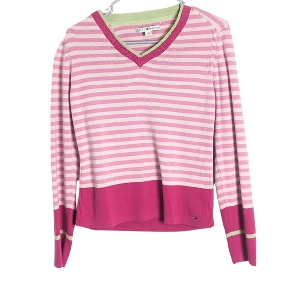 Y2K Tommy Hilfinger Cropped Preppy Tight Knit Sweater Pink Women's Size L - Picture 11 of 11